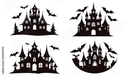 Collection of Spooky Haunted House Silhouette Vector Art