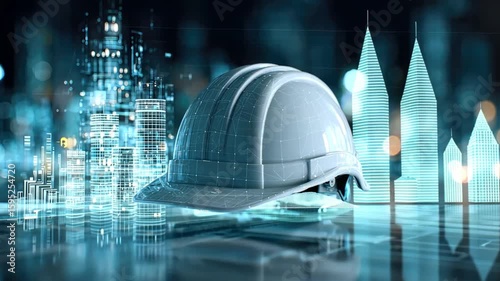 Blueprint of the future: A close-up shot of a construction helmet with holographic buildings and charts in the background, symbolizing the city's futuristic development and construction.