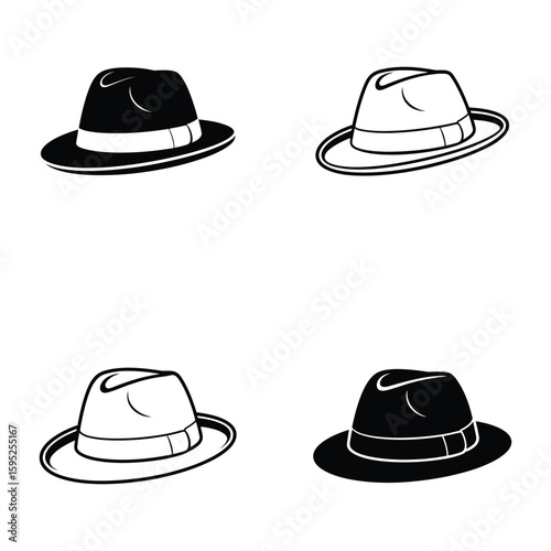 Set of Black and White Fedora Hat Icons with Outlines