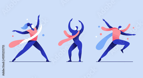 A dynamic flat design illustration capturing the fluidity and energy of dance performances at the Festival abstract human figures.