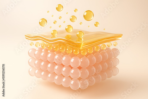 3D cross-section illustration of translucent skin layers absorbing golden serum droplets. A luxurious visual representing hydration, skincare science, and cosmetic innovation in a clean, elegant style