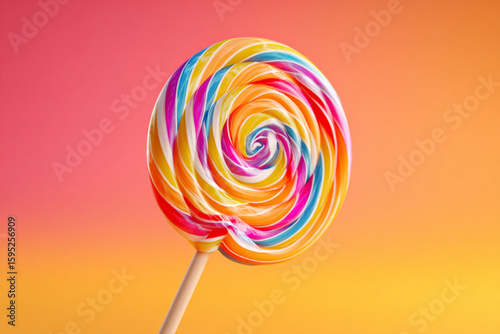 Colorful swirl lollipop against a vibrant gradient background highlighting confectionery sweetness