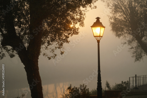 Soft morning light filters through trees by the lake, illuminating a vintage lamppost in the foggy ambiance