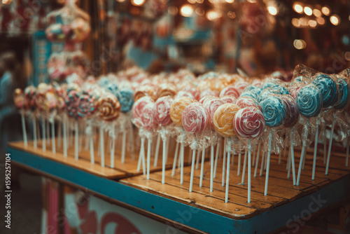 Colorful lollipops displayed on a wooden stand at a festive market during the evening