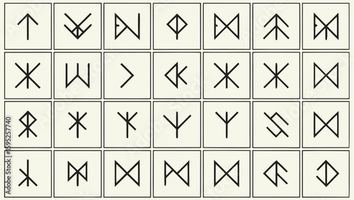 Collection of ancient  runes and symbols in a grid pattern