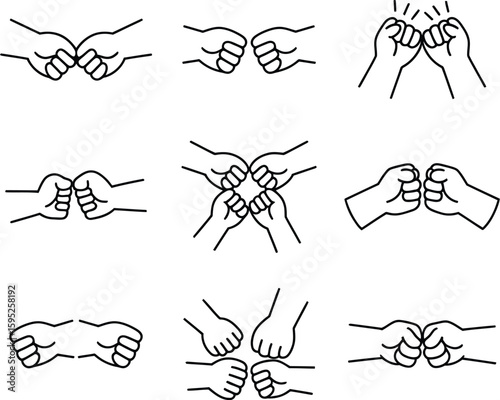 Vector illustration of fist bump collection friendship teamwork agreement collaboration hands gesturing together. Editable vector illustration.