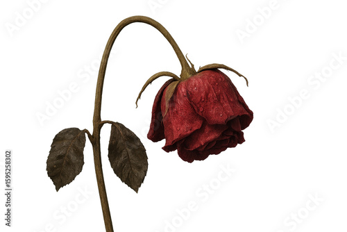 Withering red rose with water drops on transparent background