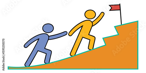 Teamwork and mentorship for success vector illustration. Person helping another climb a mountain to reach a goal flag. Concept of support, collaboration, leadership, and achievement.