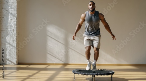 Man rebounding on mini trampoline in sunlit room for indoor fitness and exercise routine