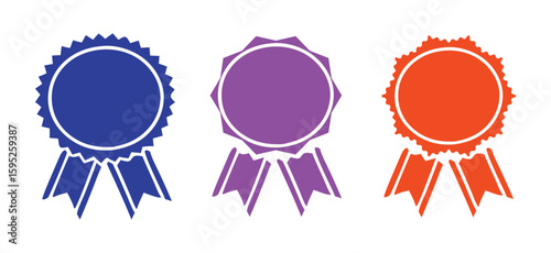 Set of colorful vector award ribbons. Blue, purple, and red prize rosettes for first place, winner, quality, and event celebration design.