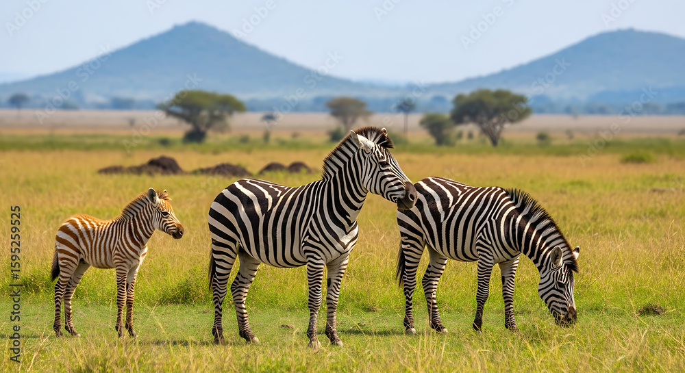 Fototapeta premium Herd of African Zebras Grazing on Vast Savannah Landscape, Iconic Wildlife in National Park, Striped Mammals