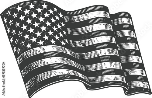 Engraved American Flag Waving in the Wind with Stars and Stripes