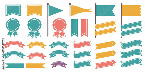 Set of colorful vector flags, ribbons, and award badges. Modern graphic elements in vintage style for promotion, quality, label, and event design projects.