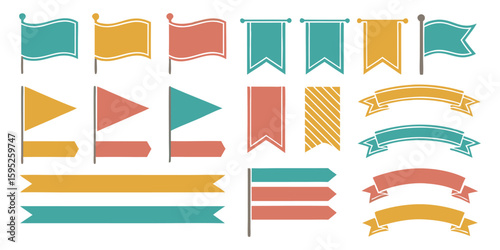 Set of colorful vector flags and ribbon banners. Modern graphic elements in vintage style for promotion, award, label, and event design projects.