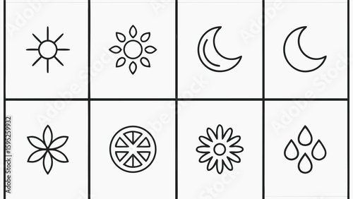 Collection of simple line art icons representing celestial bodies nature and weather