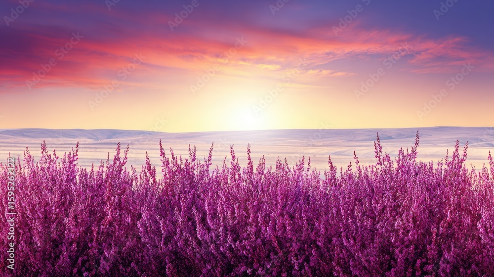 Naklejka premium Blooming purple flowers with pink centers sway in a sunny field, showcasing vibrant colors against a soothing background