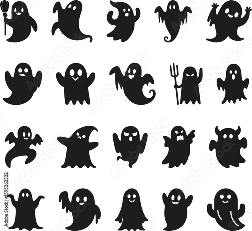 Big collection of ghost icons. Halloween spooky and cute spirit vector set. Black and white cartoon and scary phantom silhouettes for party, poster, sticker, invitation, and decoration design.