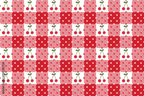 Red and white check cute cherry vector seamless pattern, tartan plaid design with fruit and dots for napkins and picnic tablecloths