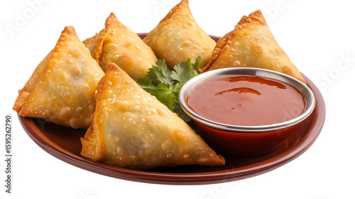 Delicious samosas with chutney, garnished with cilantro on a brown plate, isolated on a white background