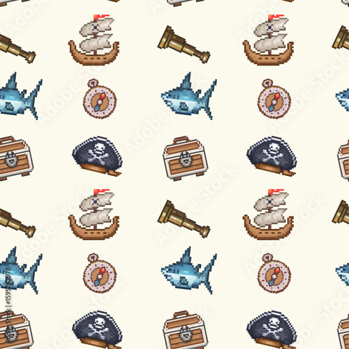 Pirate pattern. Pixel art. Pirate hat, ship, telescope, compass, shark, treasure chest. Gift packaging, textiles, greetings, invitation to a pirate party, toys for boys