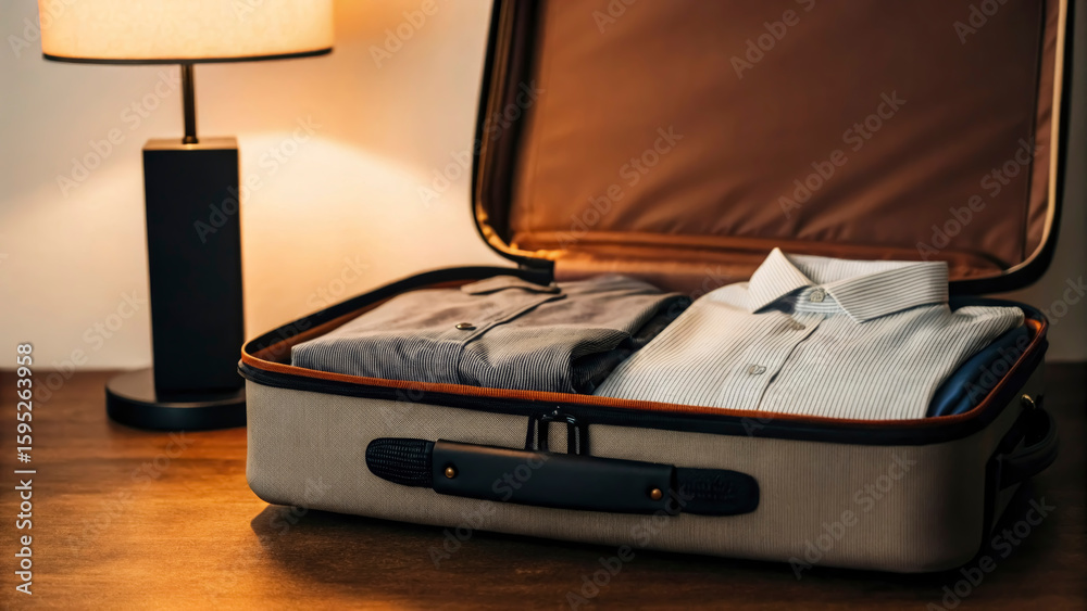 Fototapeta premium A packed suitcase rests on a wooden table, displaying neatly folded shirts. A lamp casts a warm glow, creating a cozy atmosphere in the room. Perfect for a quick trip away