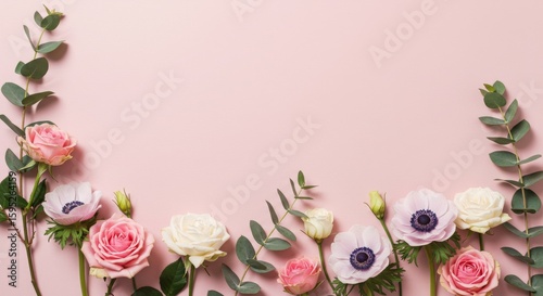 Floral Arrangement on Pink Background with Roses and Anemones