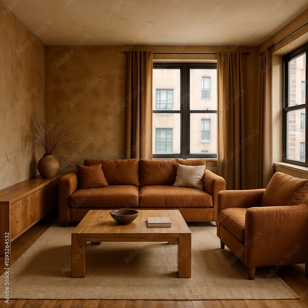 Fototapeta premium Cozy rustic-modern living room with leather furniture and wooden beam ceiling.