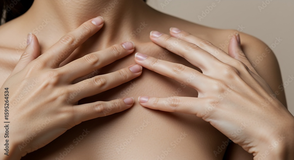 Close-up hands gently touching collarbone soft depth of field sharp focus skin texture neutral background emotional sensual beauty skincare campaigns generative ai Close-up hands gently touching collarbone soft depth of field sharp focus skin texture neutral background emotional sensual beauty skincare campaigns generative ai