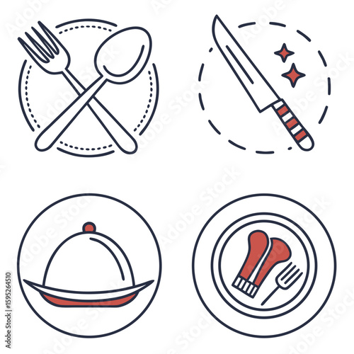 Minimalist fork, spoon, knife, and plate icons in a clean vector style—perfect for restaurant branding, food apps, cooking blogs, or menu design.