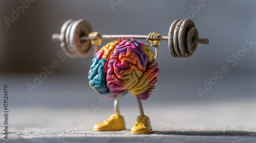 A colorful brain lifting weights with arms and wearing yellow shoes