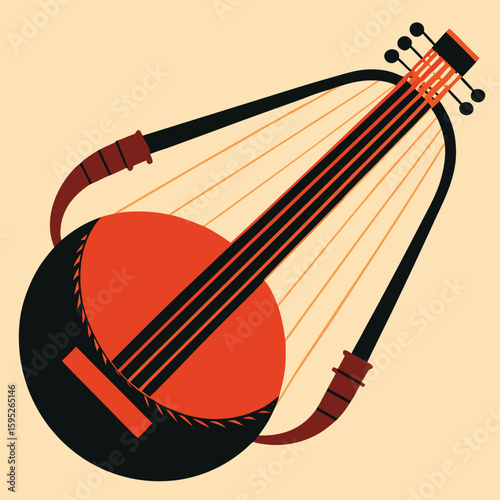 "Silhouette of African kora instrument with stretched strings, cultural folk sound"