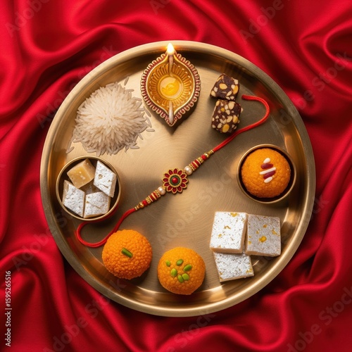 Traditional Raksha Bandhan Thali on Red Silk Background – Top View Photo