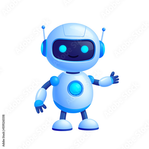 Happy robot. 3d ai character, chat bot mascot isolated on white background, GPT chatbot icon. Artificial intelligence, trendy technology, support service, funny automation