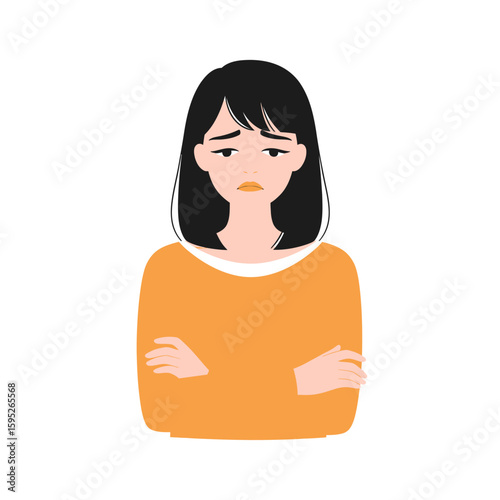 Illustration of a young woman with dark hair and an orange sweater, looking sad and dejected with her arms crossed.