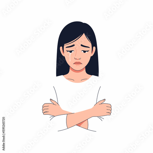 Illustration of a sad young woman with tears, arms crossed, expressing sorrow and vulnerability.