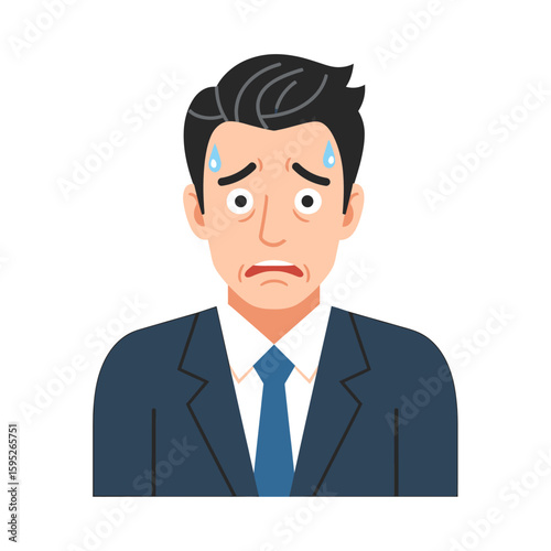 Man in suit looking anxious with sweat on his forehead, expressing worry and fear.