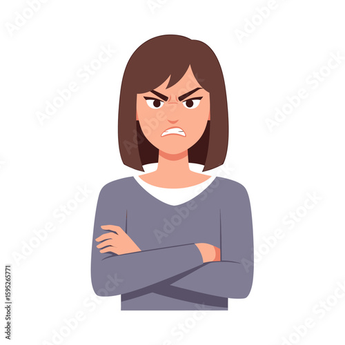 Cartoon woman with brown hair and arms crossed, expressing anger and frustration with a furrowed brow.