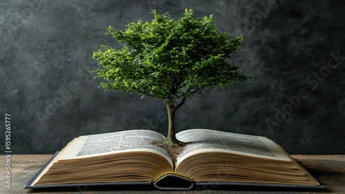 Open book with tree growing out of its pages, symbolizing knowledge and growth