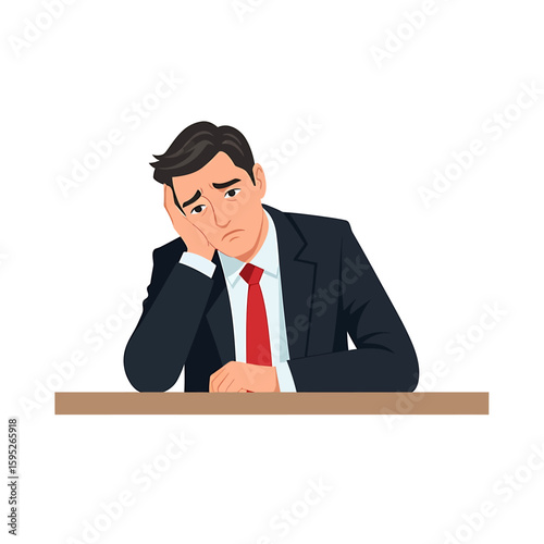 A man in a suit rests his head on his hand, looking sad and dejected at a desk.