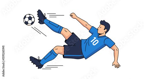 Soccer Player in Action: A dynamic illustration captures a soccer player mid-air, executing a powerful kick towards the ball with impressive athleticism and skill.