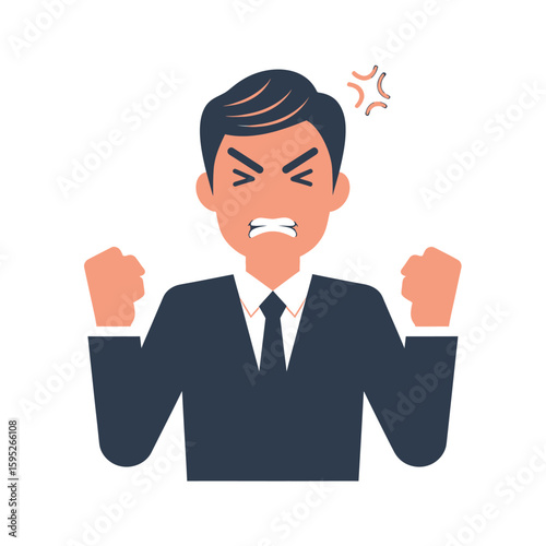 Illustration of an angry businessman clenching his fists, with an expression of frustration and annoyance.