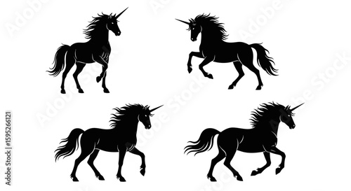 Enchanting Unicorn Silhouettes: Four graceful unicorn silhouettes stand majestically, their forms filled with a timeless beauty and captivating all who look.