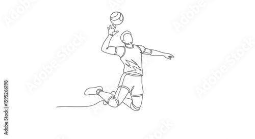 Volleyball Player in Action: A minimalist line drawing captures a volleyball player mid-air, executing a powerful spike, with a dynamic flow and energy.