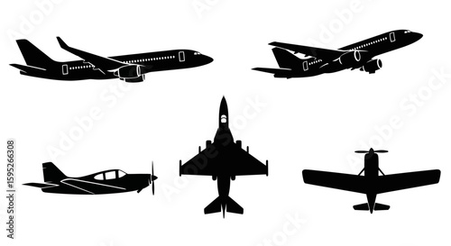 Airplanes Silhouette Array: A collection of aircraft silhouettes captures the essence of flight and showcases a variety of airplane designs, conveying a sense of movement, innovation.