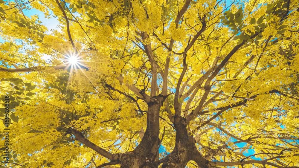 Sunlight shines through the yellow blossoms of a golden shower tree