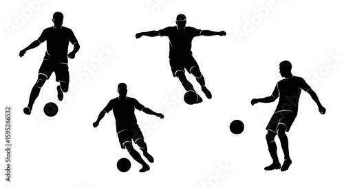 Soccer Player Silhouettes: Dynamic silhouettes of soccer players showcasing their athleticism and grace in action, dribbling the ball, poised for the next move.