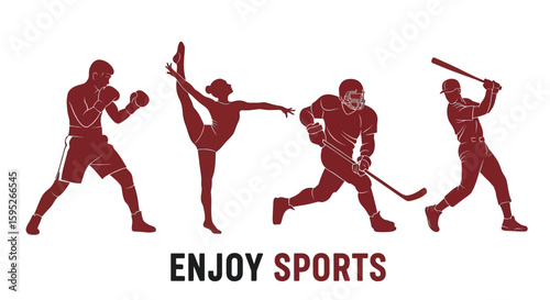 Sports silhouettes of athletes: Dynamic silhouette of diverse athlete figures engaged in various sports activities, accompanied by motivational text. Featuring action shots of boxing, gymnastics.
