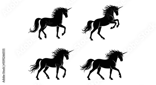 Majestic Unicorn Silhouettes: A collection of four black unicorn silhouettes showcasing their elegant forms and embodying the magic and enchantment of myth and fantasy.
