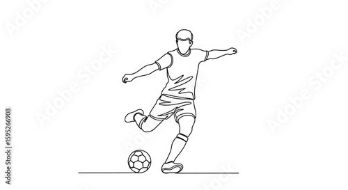 Soccer Player Kicking the Ball: Dynamic line art captures a soccer player in mid-kick, executing a precise, powerful movement as the ball heads towards the goal.