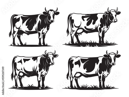Cow vector silhouette, Side view cow vector, Black cow clipart, Cattle silhouettes illustration, Cow vector bundle, Cow farm, Cow breeds